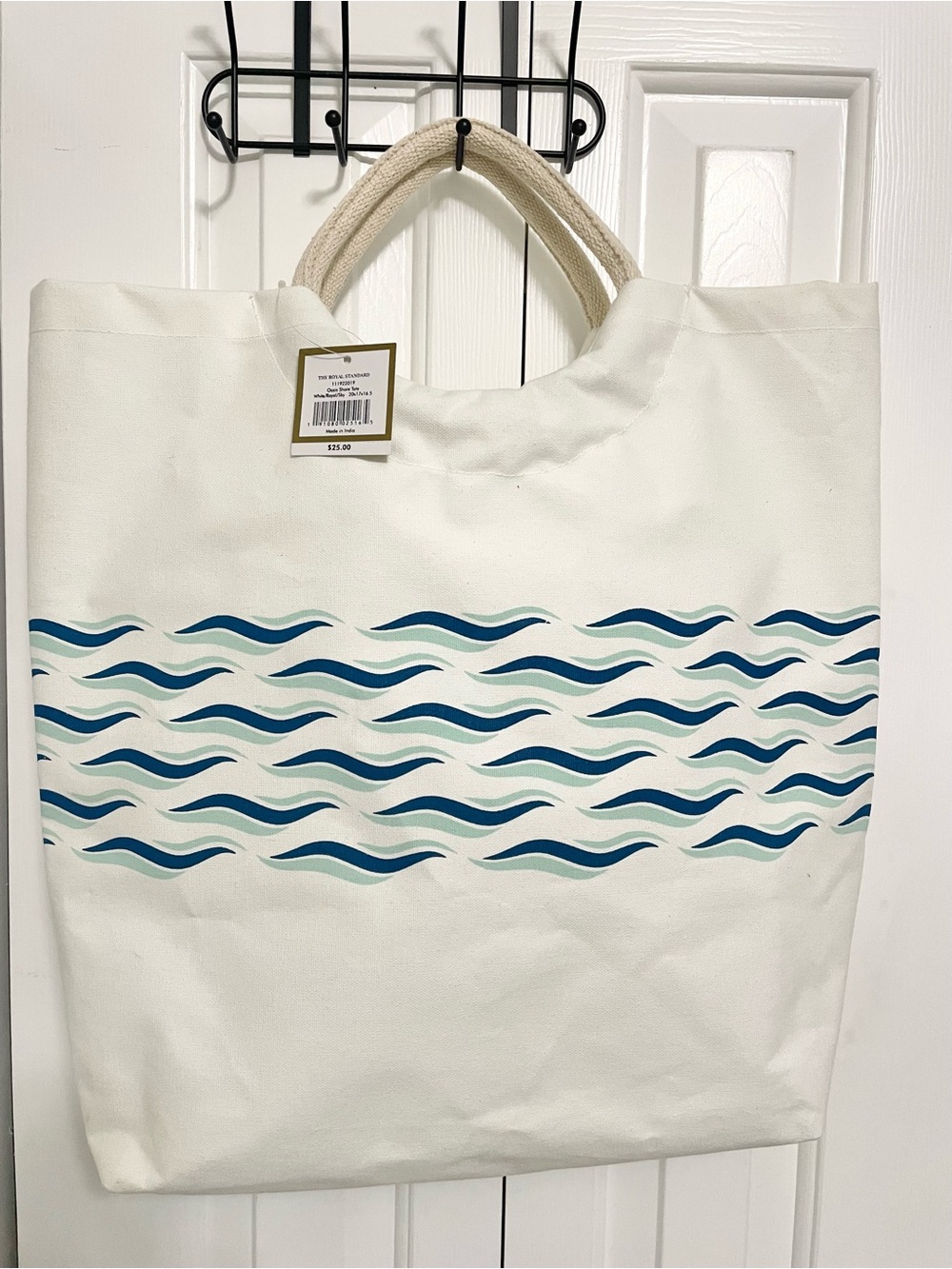 Canvas Wave Tote Bag - White with Blue Wave Print